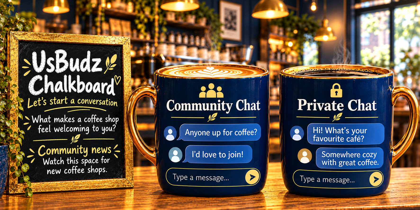 Blue and gold café counter with UsBudz conversation chalkboard, a community chat cup and a private chat cup.